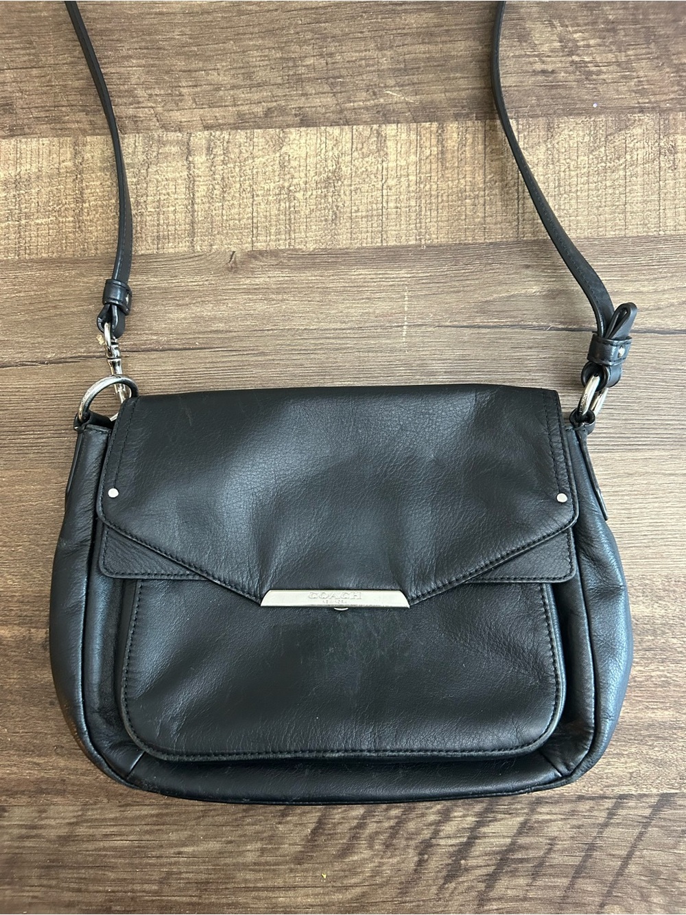 Coach Taylor Black Leather Mini Flap Crossbody Bag with Silver Accent
